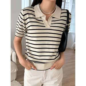 เสื้อสเวตเตอร์แขนสั้นลายทางผู้หญิง S สีเบจลายทางสีดำเสื้อถักสวมใส่สบายๆ - Product Image 1