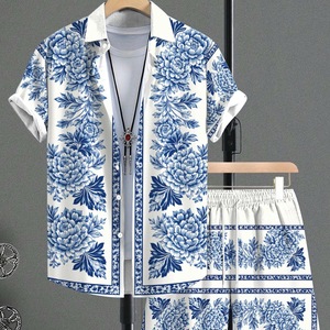 Ensemble de vacances à la plage pour hommes : chemise à manches courtes et short imprimé boussole, style vintage, collection été, vente en gros - Product Image 2