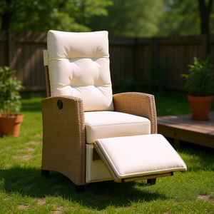 Chaise de patio inclinable en polyrotin beige avec repose-pieds, mobilier de jardin extérieur, style contemporain, siège rembourré - Product Image 2