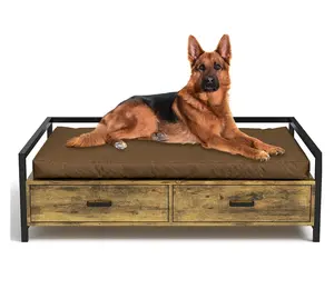 Elevated Dog Beds Frame with 2 Drawers Metal Frame Dog Couch Modern Style Wood and Iron Frame Cats Furniture