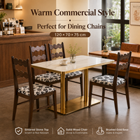 Ensemble de table et chaises de salle à manger commerciales en gros avec plateau en pierre frittée et chaise en bois massif à dossier ondulé pour l'approvisionnement de projets de café