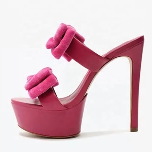 Mules à talons aiguilles pour femmes, sandales à talons fins et hauts, avec nœud en tissu floqué, plateforme épaisse, pour soirée, club, été, chaussures de soirée - Product Image 3