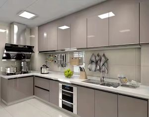 Ensemble d'armoires de cuisine en bois pliantes de style moderne personnalisé, en contreplaqué, finition brillante, tiroirs à fermeture douce, meubles en mélamine pour la cuisine - Product Image 1