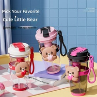 Bouteille d'eau portable en plastique de 600 ml avec paille, motif ours de dessin animé, élégante pour étudiants