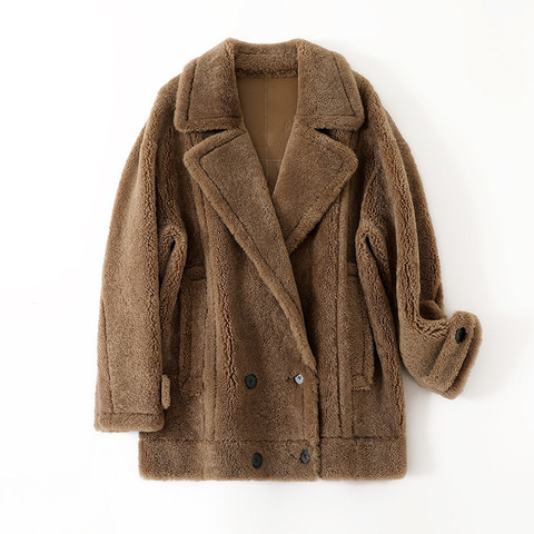 592 European and American Winter Teddy Fleece Fur Integrated Double Breasted Mid Length Coat