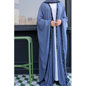 Abaya de luxe en mousseline transparente à manches chauve-souris, ornée de perles et de dentelle noire, robe longue musulmane pour l'Aïd - Product Image 2