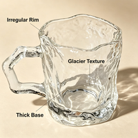 Mug en verre texturé effet glacier avec poignée, texture martelée transparente, pour café, thé, maison, fête, logo personnalisé, vente en gros, compatible lave-vaisselle, anti-fuite