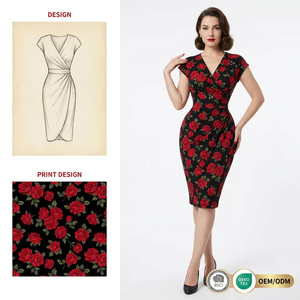 Robes midi à imprimé floral personnalisé en jersey tricoté confortable à taille haute avec nœud latéral, style A-line, <span class=keywords><strong>robe</strong></span> vintage rétro des années 1950 - Product Image 4