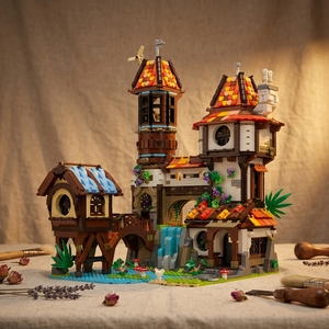 Blocs de construction de château <span class=keywords><strong>moulin</strong></span> <span class=keywords><strong>à</strong></span> <span class=keywords><strong>eau</strong></span> médiéval fantastique - Modèle d'architecture rétro de chalet, jouet en briques DIY pour collection d'adultes - Product Image 2