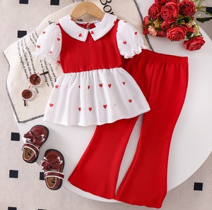 Abbigliamento Estivo per Bambine 2026, Top a Maniche Corte con Stampa Cuore, Patchwork Rosso e Bianco, <span class=keywords><strong>Pantaloni</strong></span> a Zampa Rossi, Set 2 Pezzi - Product Image 1