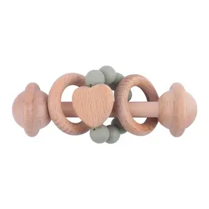 1pc Baby Teether Toys Beech Wooden Rattle Wood Heart Silicone Beads Baby Rattles Toys Teether Molar Stick