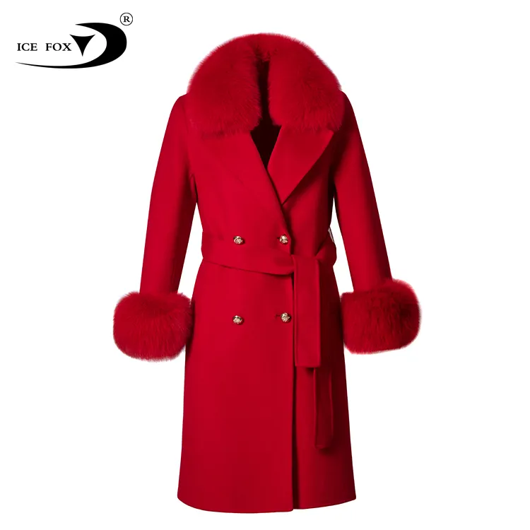 Trench Cashmere Coat Women Fox Fur Collar Wool Coat Elegant Double Side Wool Coat Long Fashion for Women Decoration