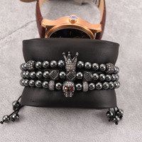 Bracelet Hip Hop 3 pièces/ensemble en or avec crâne, couronne et dés, pour homme, ensemble de bijoux tressés réglables de luxe sertis de CZ pour lui