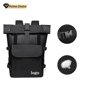 BSCI Custom Luxury Unisex Roll Top <b>Backpack</b> Waterproof <b>Black</b> Nylon Laptop Bag for Office & Leisure Use - Product Image 1