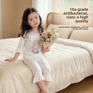 Pijamas de Verano Antibacterianos Estampados para Niñas, Conjunto de Tres Cuartos de Manga para Bebés, con Encaje, para el Hogar - Product Image 4