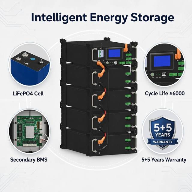 Deep Cycle Solar Energy Storage Battery LiFePO4 Rechargeable Lithium Safe Reliable UN38.3 CE RoHS 51.2V 100Ah HV Power Supply