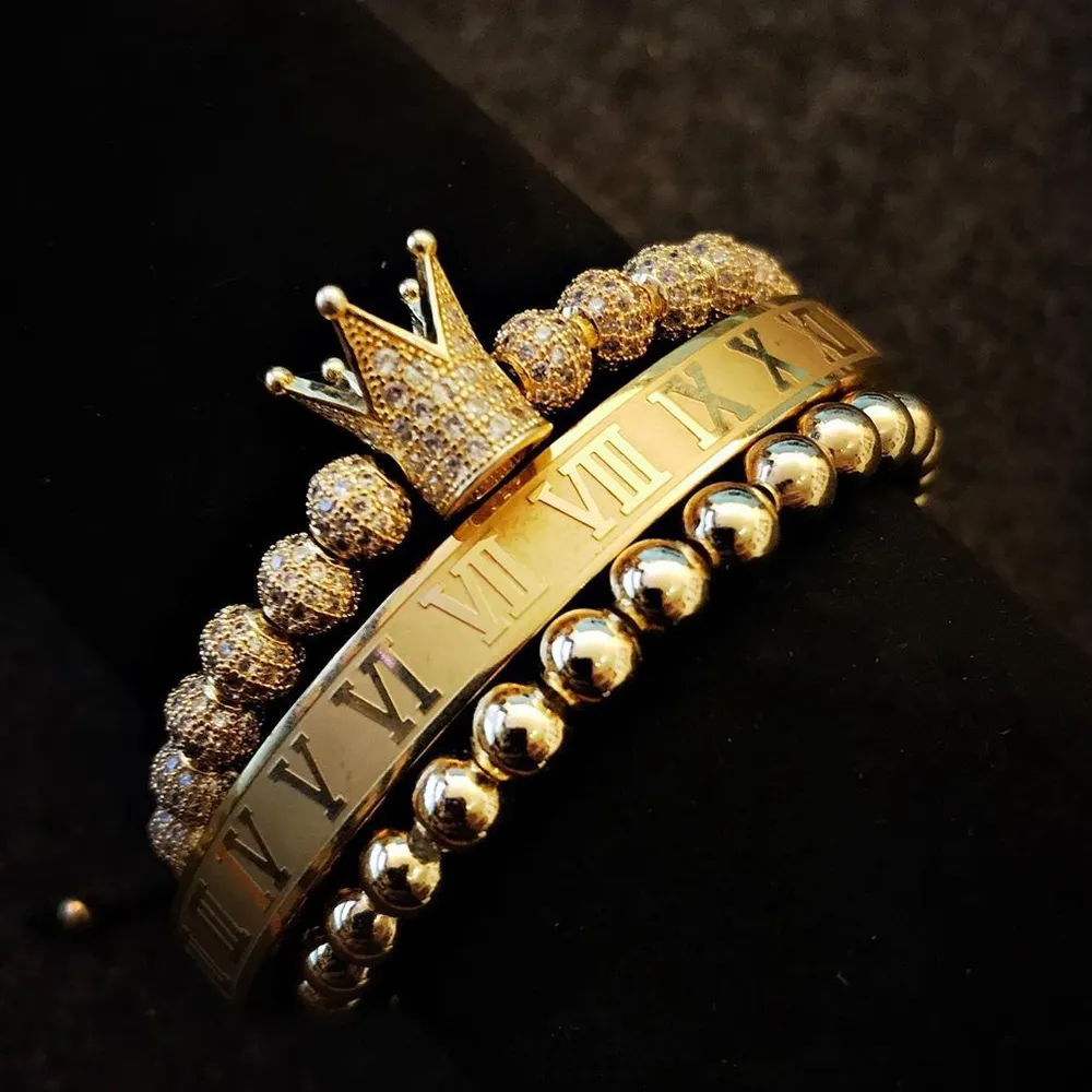 Pulsera de cuentas de cobre de 4MM para hombre, joyería lujosa con corona y números romanos de oro, joyería de corona de CZ King