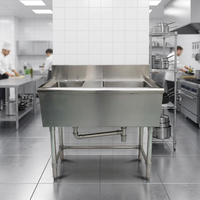Wastafel Bar Dua Lubang Stainless Steel 304 Berkualitas Tinggi, Dapat Disesuaikan, Bersertifikasi NSF, Dilengkapi Apron Drainboard, Peralatan Dapur Hotel, Inox
