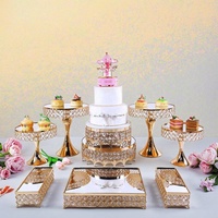 Ensemble de 9 supports à gâteaux dorés et argentés pour table de desserts, décoration de fête de mariage, supports à gâteaux de mariage en métal et cristal