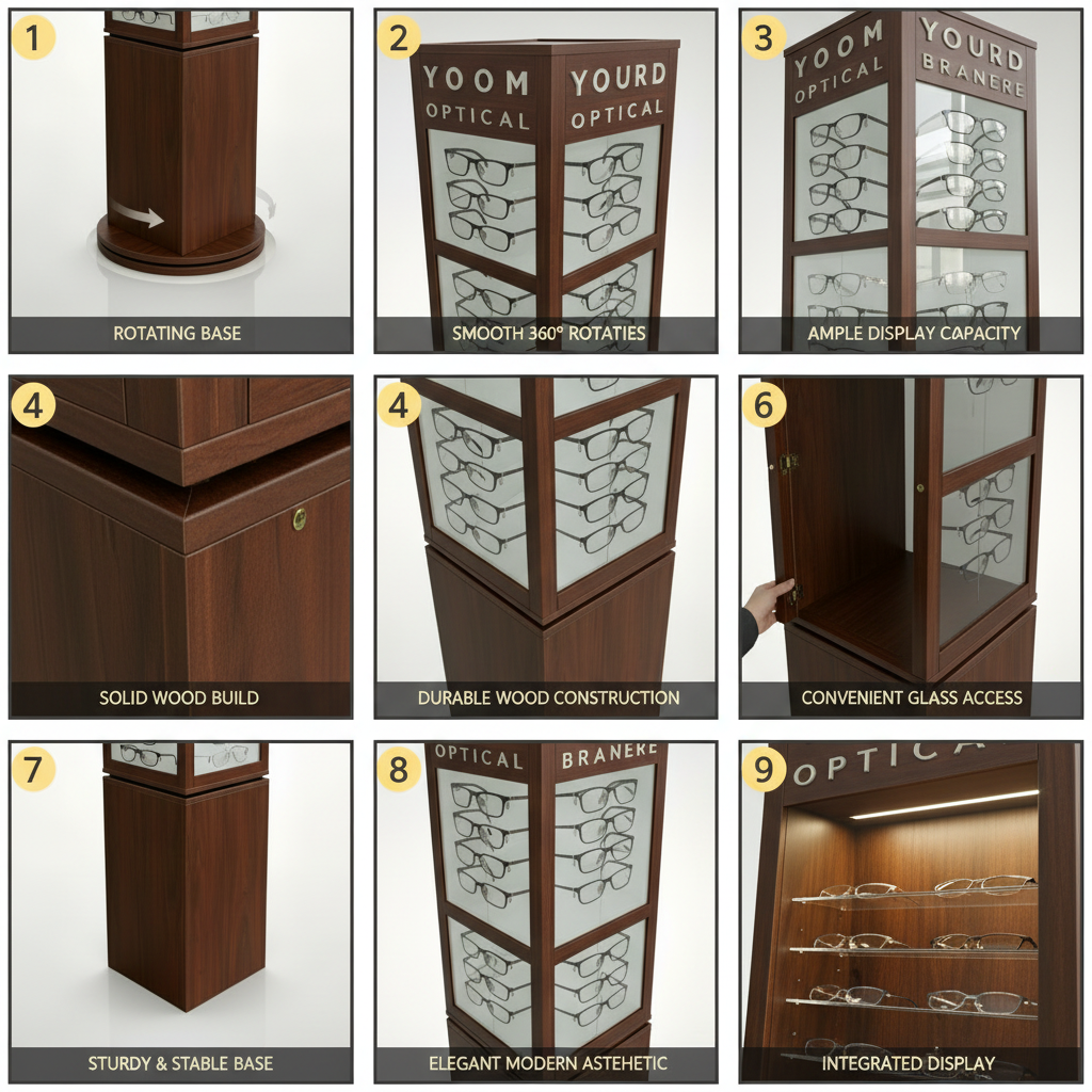 Custom Wooden 4-sides Rotating Sunglasses Display Stand Holders Spectacle Eyeglass Accessory Stand for Retail Store — view 5