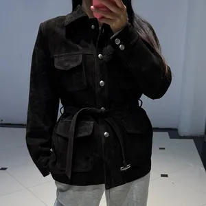 Veste en daim à simple boutonnage pour <span class=keywords><strong>femme</strong></span>, manteau en daim avec <span class=keywords><strong>ceinture</strong></span>, veste en daim <span class=keywords><strong>noire</strong></span> oversize pour <span class=keywords><strong>femme</strong></span> - Product Image 6