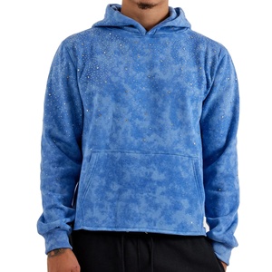 Sweat à capuche <span class=keywords><strong>en</strong></span> daim délavé bleu tendance pour homme avec strass étincelants, <span class=keywords><strong>en</strong></span> molleton français de qualité supérieure, style streetwear de luxe - Product Image 2