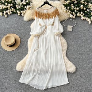 Vintage <b>Sequin</b> Embroidery Long Pleated Bubble Sleeve Women's Pleated Dresses Fashion - Product Image 5