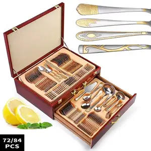 Royal Crown 72 /84 Pieces Set With Wooden Gift Box Knife Fork Spoon Set Stainless Steel Flatware Cutlery Set