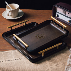 Rectangular Bamboo <b>Tea</b> <b>Tray</b> With Gold Handle Deer Pattern Hotel Restaurant Serving <b>Tray</b> - Product Image 1
