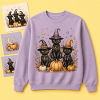 Transfert DTF en gros pour Halloween : Chapeau de sorcière chat noir, citrouille, croissant de lune – Décalcomanie thermocollante pour sweat-shirt et T-shirt