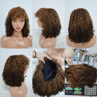 Promotion 67$ Letsfly Pixies Perruques bouclées fabriquées à la machine avec frange 14 pouces 4T30T4 Cheveux humains naturels Vente en gros