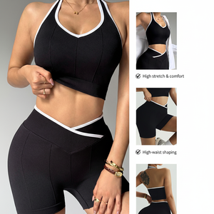 Ensemble de vêtements de yoga pour femmes, couleur unie, séchage rapide, débardeur et <span class=keywords><strong>short</strong></span> de fitness avec taille élastique et logo pour les sports de plein air - Product Image 5