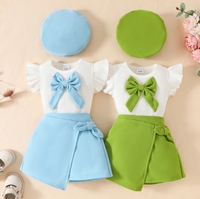 Ensemble Filles Bébé Nouvel An, Haut Manches Courtes Grand Nœud, Jupe Irrégulière et Béret 3 Pièces, Tenue de Noël pour Tout-petits