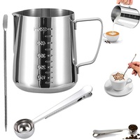 Set Cangkir Susu Stainless Steel 304, Jarum Pengukur Bunga, Sendok, dan Penjepit untuk Kopi Busa