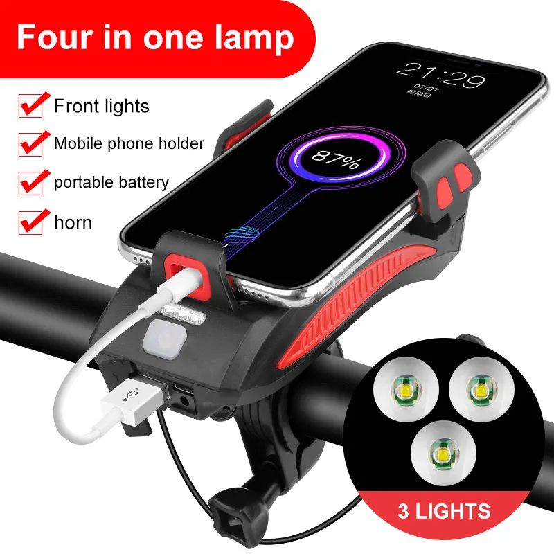 AT 4 In 1 Handy halter Fahrrad Fahrrad Front licht Mit Horn Lautsprecher Power Bank Front licht Wasserdichtes Fahrrad licht