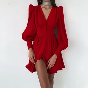 Autumn Shirt Dresses Women Casual Red Ruffle V Neck Button Down Waist A-Line Dress