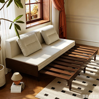 Sofá Cama Moderno de Madera Maciza, Sofá Futón Convertible sin Brazos con Cojín de Lino y Algodón para Espacios Pequeños