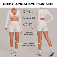 Ensemble de yoga 2 pièces pour femme : haut court à manches longues et col en V profond, et short cycliste taille haute sculptant le ventre – Tenue de sport et d'entraînement