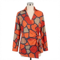 Chemisier Cache-Cœur Femme à Imprimé Géométrique Tissé avec Ceinture, Manches Longues, Col Chemise, en Polyester, Idéal Printemps-Été et Quotidien