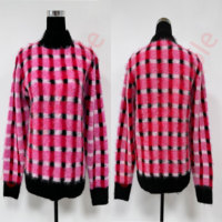 Pull en tricot surdimensionné Y2K pour femme, personnalisé OEM, à col montant, motif pied-de-poule, fourrure shaggy, bordure côtelée contrastante
