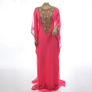 Vestido largo rosa liso con cuentas, manga larga, cuello alto, talla grande, para fiesta, estilo casual de Oriente Medio, ligero, de poliéster. - Product Image 1