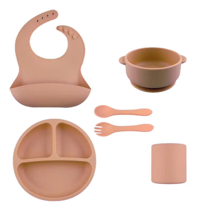 2023 Factory Hot Sell Customized 6 piece Silicone Tableware Set Weaning Set Waterproof Feeding Sets for Baby