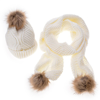 Ensemble de 2 pièces en tricot de cachemire et laine mélangée avec pompon en fourrure, bonnets et écharpes d'hiver pour femmes et filles, ensembles écharpe, bonnet et gants