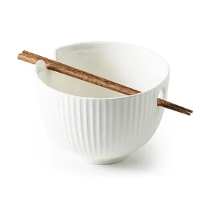 Modern White Green Dishwasher and Microwave Safe Soup Bowls Ceramic Ramen Noodle Bowl with Matching Chopsticks