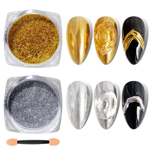 Poudre à ongles chromée holographique effet miroir magique, dorée et argentée, paillettes pour la décoration des ongles. - Product Image 1