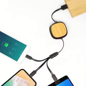 Multi-Function Eco-friendly Bamboo 1M Retractable Multiple Charging Cord <b>3</b> in 1 Fast USB Charger Cable - Product Image 3