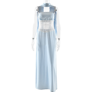 Vestido de noche sin tirantes con panel de encaje transparente, cintura natural, vestido largo para banquetes y citas. - Product Image 5