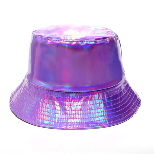 Luxury Fashion <strong>Purple</strong> Fisherman Cap Shining Color Gold Silver Female Man Trend Stage Performance Party PU Leather Bucket <strong>Hat</strong> - Product Image 1