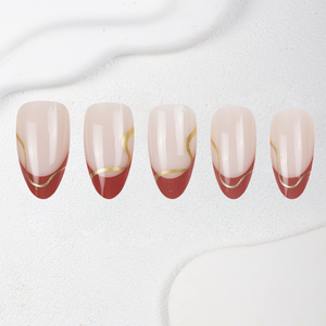 Faux ongles à presser en amande, rouge français, ligne ondulée dorée, réutilisables, vente en gros d'usine, étiquette privée personnalisée, en vrac pour femmes - Product Image 3