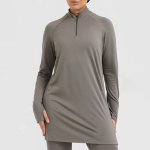 Custom Sweat-Wicking Islamic <strong>Longline</strong> Quarter Zip <strong>Long</strong> <strong>Sleeve</strong> <strong>Tops</strong> Modest Sports Muslim Oversized Women Gym Workout Yoga T-Shirt - Product Image 1